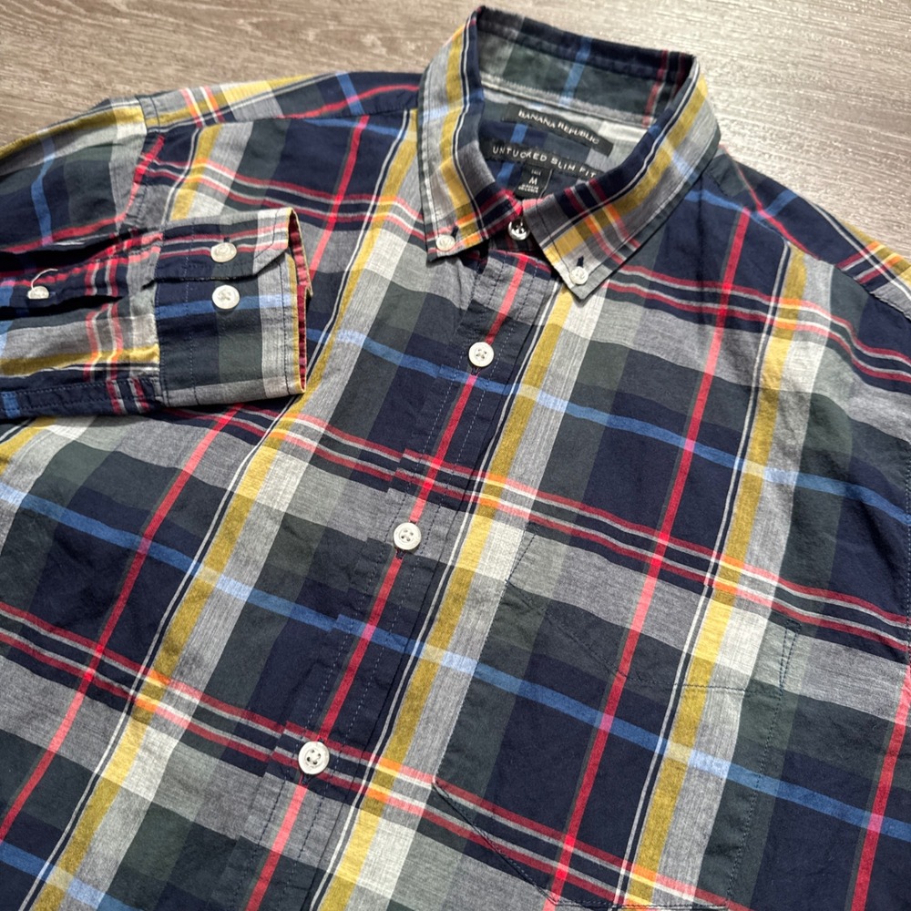 Banana Republic Shirt Men M Cotton Untucked Slim Fit Plaid Preppy OCBD Minimal